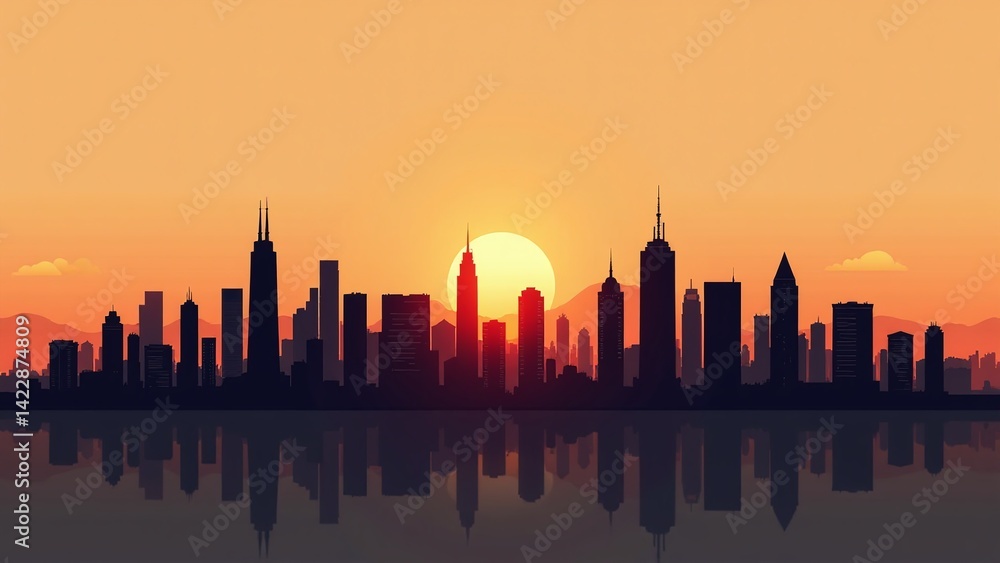 Fototapeta premium Dramatic cityscape silhouette at sunset with skyscrapers reflected in water, ideal for marketing campaigns, website hero image, corporate presentation backdrop