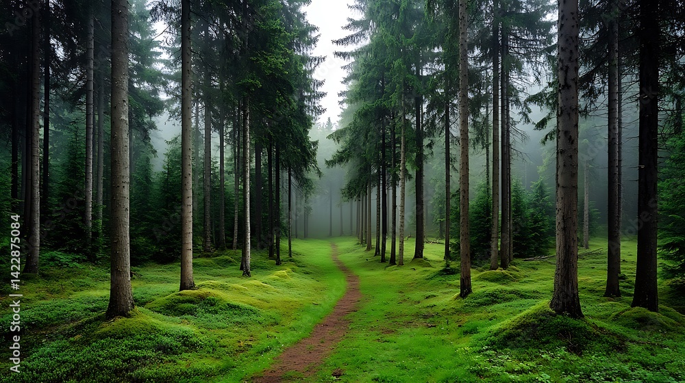 Obraz premium Enchanting foggy forest pathway morning light filtering serene nature scene ethereal environment