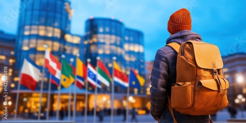 Traveler with Backpack Facing European Union Flags