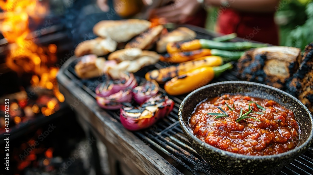 Fototapeta premium An outdoor barbecue scene with tomato chutney placed as a condiment next to grilled vegetables and bread.