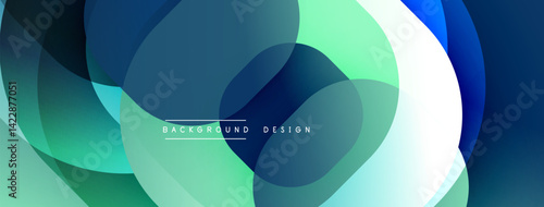 Abstract fluid shapes overlap, creating dynamic composition. Cool blues, greens, whites blend seamlessly. Modern design evokes movement, depth. Minimal text present.