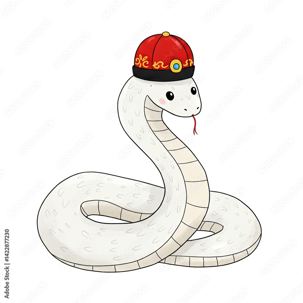 Fototapeta premium A white snake wearing a red festive Chinese hat, white background. Lunar New Year concept.