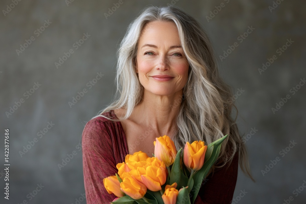 Naklejka premium Beautiful mature woman holding yellow tulips posing in front of gray background