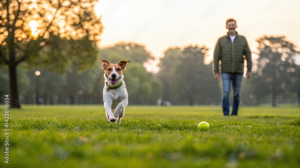 A dog joyfully runs towards a person in a grassy park during sunset, showcasing a moment of outdoor play and companionship. A dog joyfully runs towards a person in a grassy park during sunset, showcasing a moment of outdoor play and companionship.