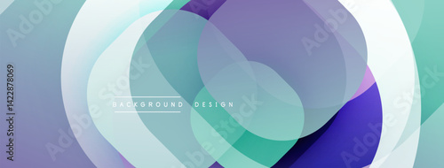 Abstract composition featuring overlapping translucent circles. Colors blend from turquoise, purple, to white creating dynamic visual flow. Modern design element for backgrounds.