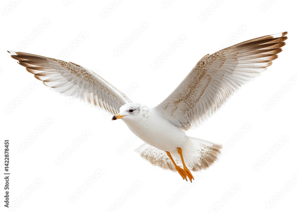 Obraz premium Seagull in flight against a transparent background. Bird with outstretched wings. Concept of freedom, wildlife, and nature.