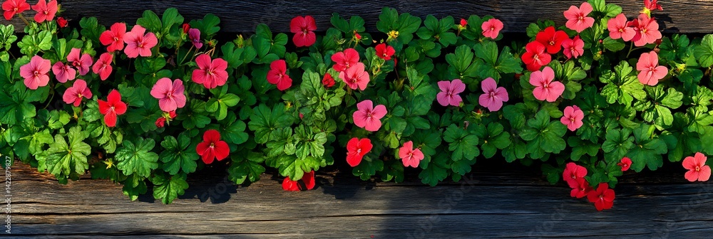 Fototapeta premium Vibrant flowers in a wooden planter box