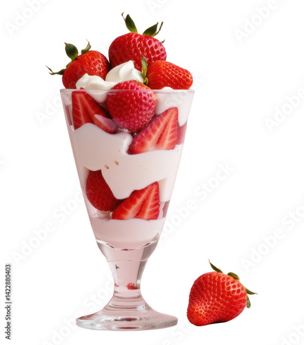 strawberry parfait in a tall glass, positioned left with empty space on the right, pastel background