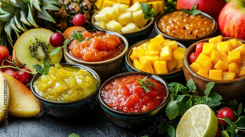 Wallpaper Mural A vibrant spread of assorted fruit chutneys in bowls, accompanied by fresh fruits like mangoes, apples, and pineapples. Torontodigital.ca