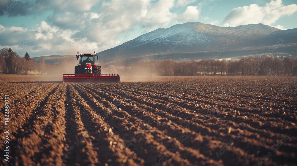 Fototapeta premium Red tractor cultivates the field with a mountain backdrop