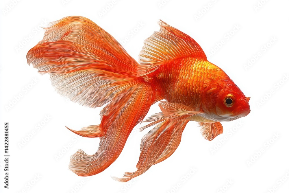 Isolated elegant orange goldfish swimming gracefully on a white background with flowing fins and tail Isolated elegant orange goldfish swimming gracefully on a white background with flowing fins and tail