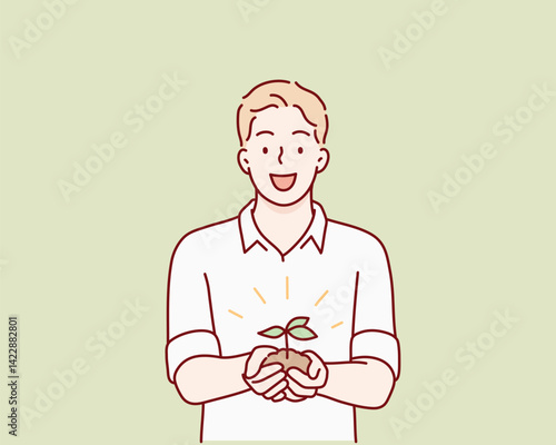 A man holding soil with sprouting seedlings in his hands. Hand drawn style vector design illustrations.
