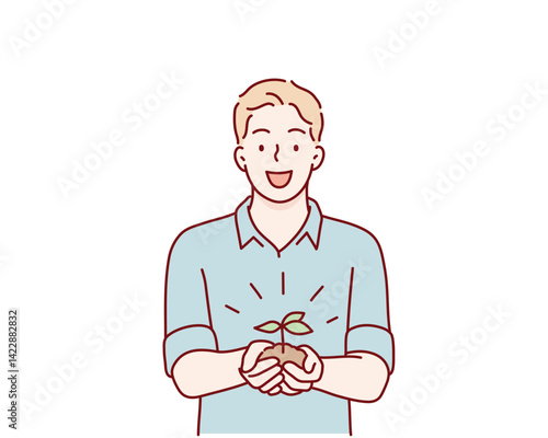 A man holding soil with sprouting seedlings in his hands. Hand drawn style vector design illustrations.