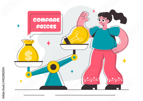 Illustration of Comparing Prices and Inflation in the Economy, featuring a Balance Scale with Goods and Price Tags to Represent Economic Value Changes