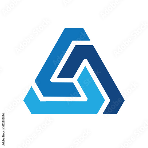 A flat abstract logo of a triangle shape consists of three connected segments in blue