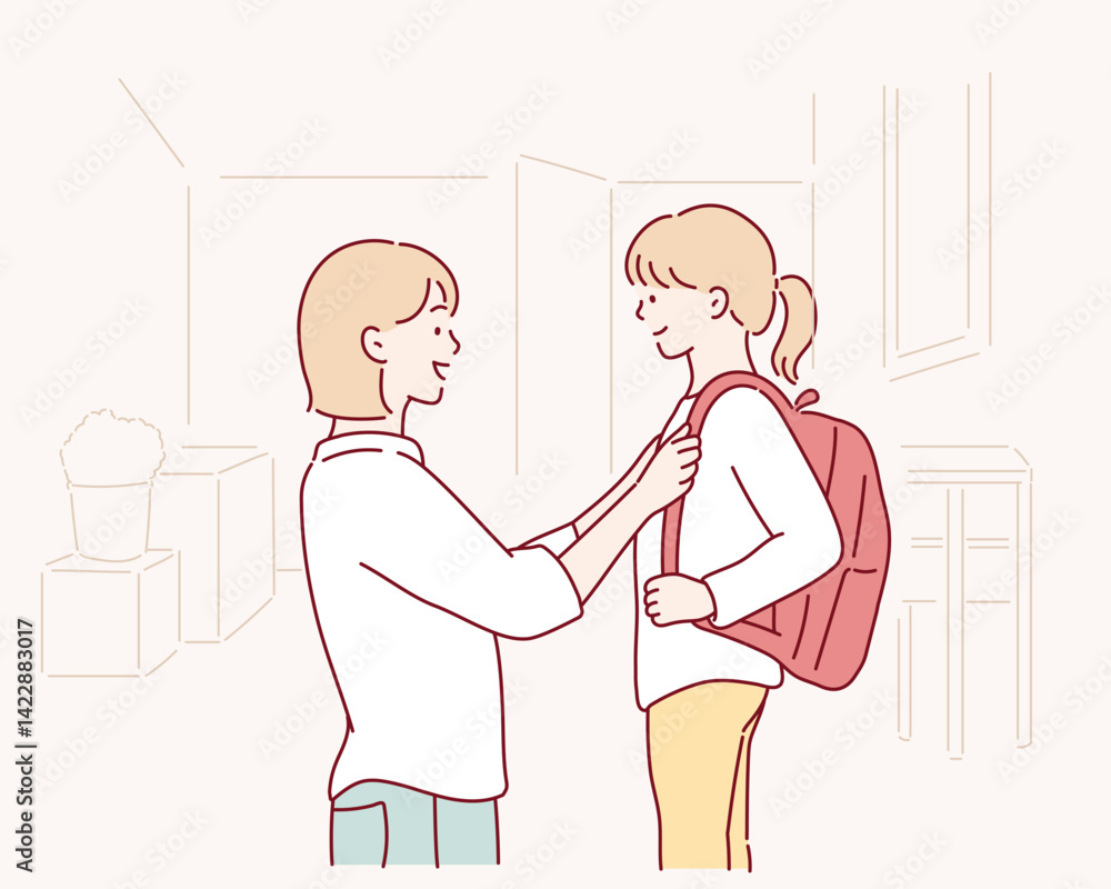 getting ready, morning and a mother with a child for school.Hand drawn style vector design illustrations. getting ready, morning and a mother with a child for school.Hand drawn style vector design illustrations.