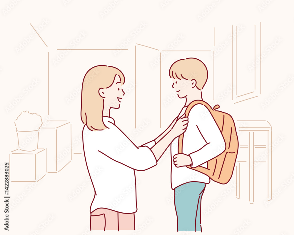 getting ready, morning and a mother with a child for school.Hand drawn style vector design illustrations. getting ready, morning and a mother with a child for school.Hand drawn style vector design illustrations.
