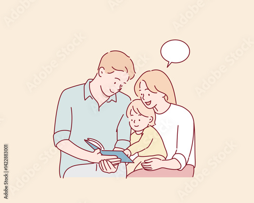 Family with little son reading book on sofa in living room. Hand drawn style vector design illustrations.