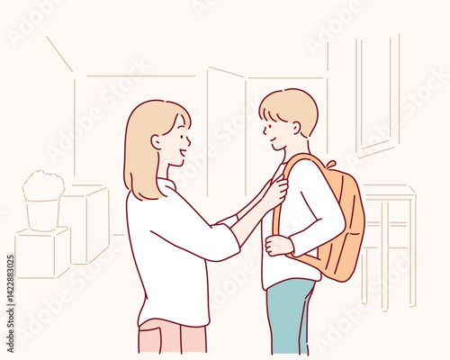 getting ready, morning and a mother with a child for school.Hand drawn style vector design illustrations.