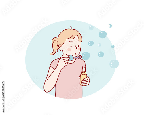  girl blowing soap bubbles on a sunset. Child having fun.  Funny activities for kids. Hand drawn style vector design illustrations.