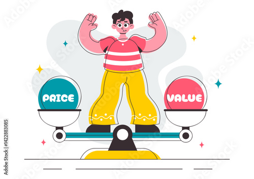 Illustration of Comparing Prices and Inflation in the Economy, featuring a Balance Scale with Goods and Price Tags to Represent Economic Value Changes