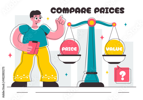 Illustration of Comparing Prices and Inflation in the Economy, featuring a Balance Scale with Goods and Price Tags to Represent Economic Value Changes