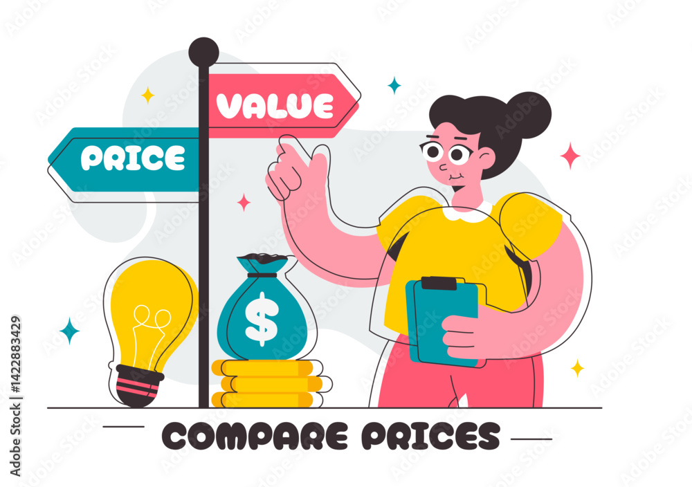 Obraz premium Illustration of Comparing Prices and Inflation in the Economy, featuring a Balance Scale with Goods and Price Tags to Represent Economic Value Changes