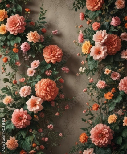 Faux vintage blooms, rich texture, lush floral wall, wall art, event flowers