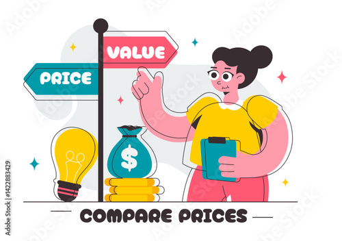 Illustration of Comparing Prices and Inflation in the Economy, featuring a Balance Scale with Goods and Price Tags to Represent Economic Value Changes