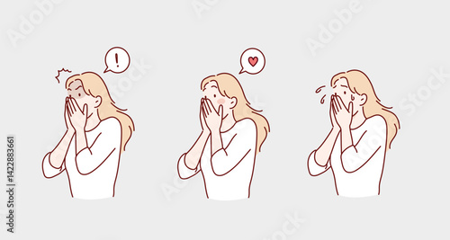 Various expressions of a woman. Hand drawn style vector design illustrations.