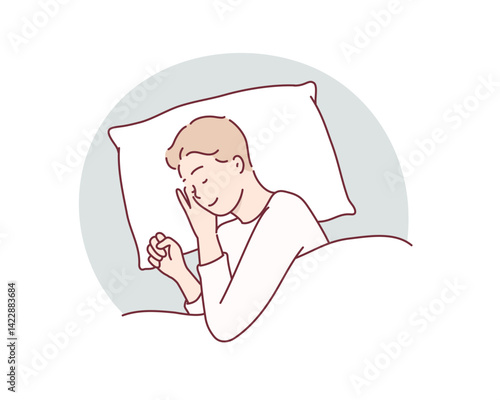 man sleeping on the bed Portrait of beautiful man lying on comfortable bed holding pillow with white bedding in bright bedroom. Hand drawn style vector design illustrations.