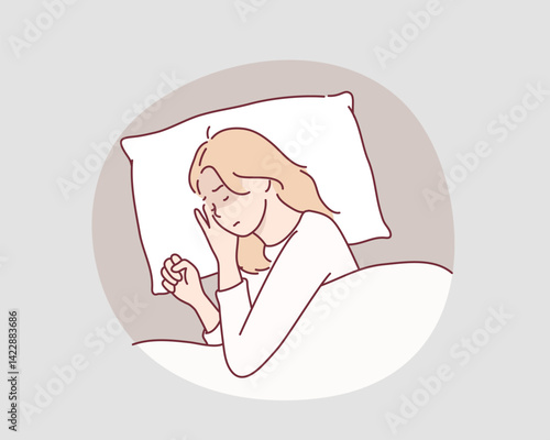 Girl suffers from insomnia. Woman lying on pillow, suffering from headache and having difficulty falling asleep. Hand drawn style vector design illustrations.