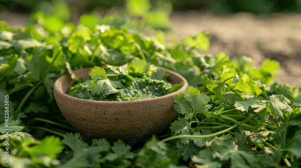 A countryside scene with coriander chutney served in a small bowl, surrounded by freshly harvested coriander leaves. A countryside scene with coriander chutney served in a small bowl, surrounded by freshly harvested coriander leaves.