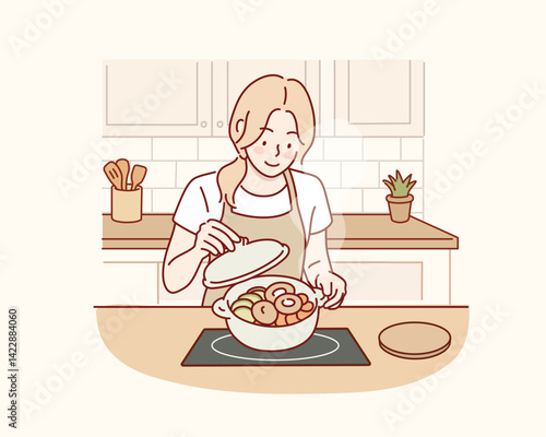Woman Presenting Steamed Vegetable Dish in the Kitchen. Hand drawn style vector design illustrations.