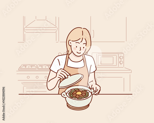 Female Home Cook Making Beef Rice Bowl for a Meal. Hand drawn style vector design illustrations.