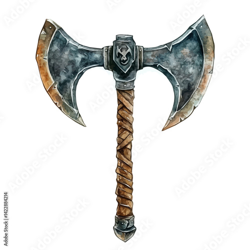 Barbarian Double-headed Axe, vector watercolor illustration, isolated on a white background.