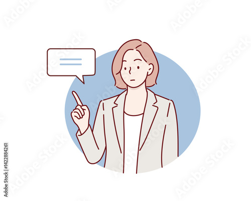 Business woman pointing finger at something. Happy face. Hand drawn style vector design illustrations.