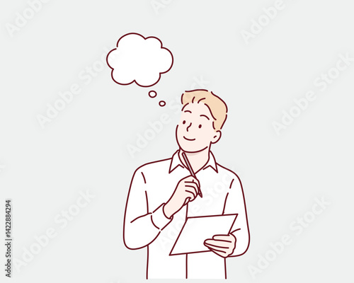 woman thinks, holds pen and paper, writing down, making notes, standing over white background. Hand drawn style vector design illustrations.