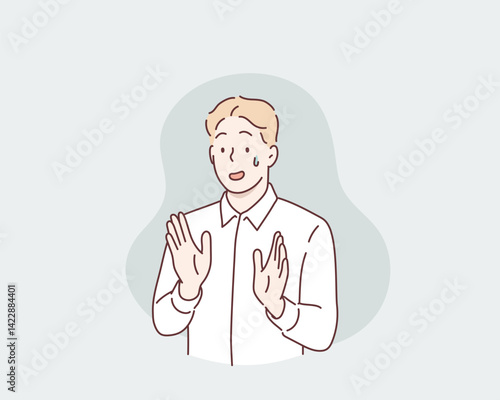 Woman Showing Discomfort and Refusal with Hands Raised. Hand drawn style vector design illustrations.