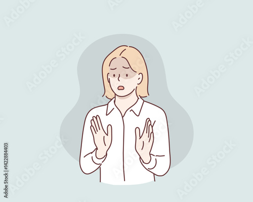 Woman Showing Discomfort and Refusal with Hands Raised. Hand drawn style vector design illustrations.