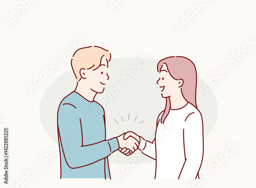 Good communication between business partners. People colleagues respecting personal boundaries. The man and the woman shake hands.Hand drawn style vector design illustrations.