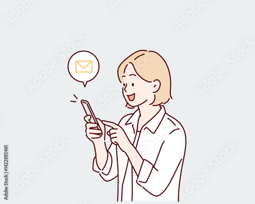 Woman Messaging With Phone. Hand drawn style vector design illustrations.