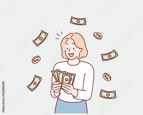 Woman showing dollar bills with happy face.Showing money in front. Hand drawn style vector design illustrations.