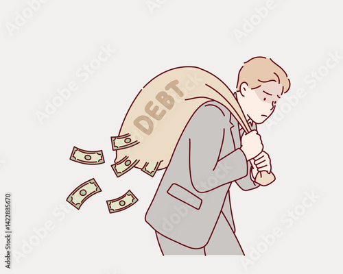 Tried businessman carrying big debt money bag losing money banknotes, debt burden, financial obligation or loan payment, heavy load of money failure, mortgage or borrowing money problem.