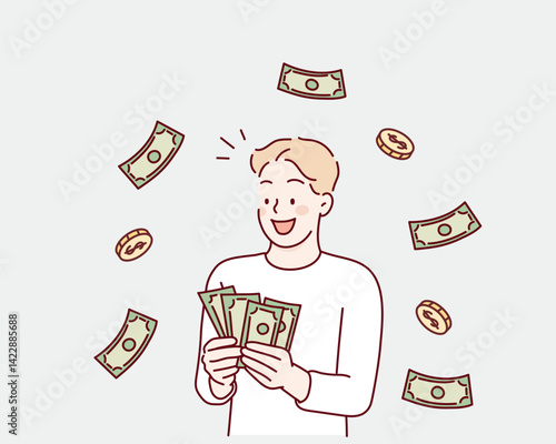 Man showing dollar bills with happy face.Showing money in front. Hand drawn style vector design illustrations.