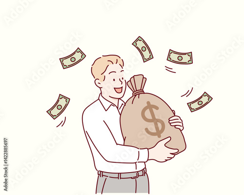 Man showing dollar bills with happy face.Showing money in front. Hand drawn style vector design illustrations.