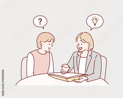 Bank clients consult with financial adviser. Customer and consultant at desk, applying documents for loan, mortgage, credit. Finance department. Hand drawn style vector design illustrations.