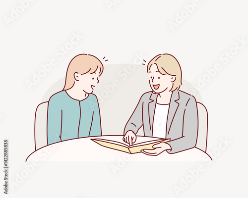 Lawyer having meeting with woman. The woman is explained to the woman in the suit. Hand drawn style vector design illustrations.