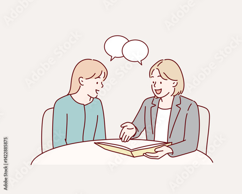 Lawyer having meeting with woman. The woman is explained to the woman in the suit. Hand drawn style vector design illustrations.