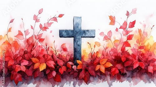 cross with leaves clipart watercolor illustration artistic illustration detailed illustration - image stock
